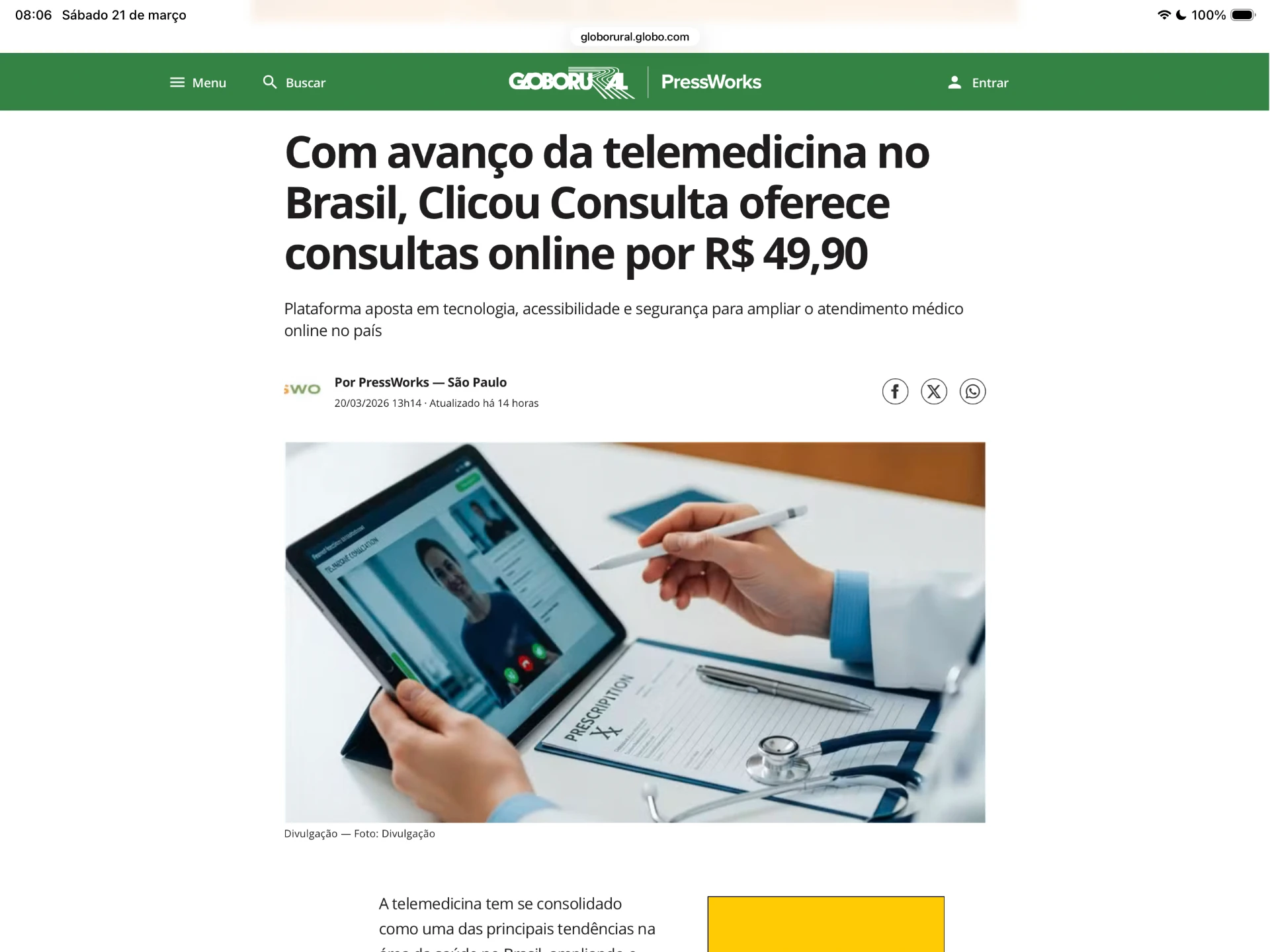 Com avanço da telemedicina no Brasil, Clicou Consulta oferece consultas online por R$ 49,90