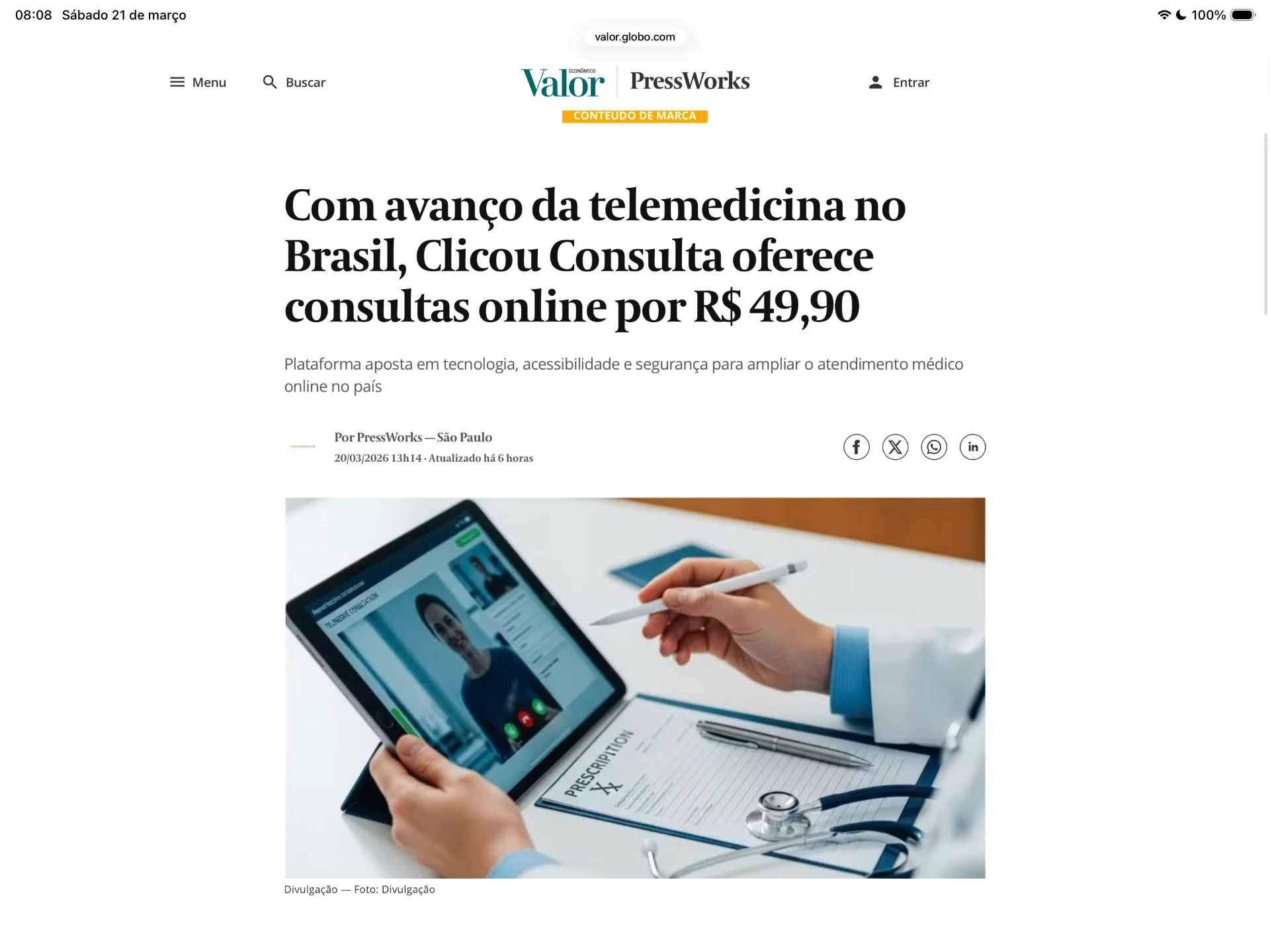 Com avanço da telemedicina no Brasil, Clicou Consulta oferece consultas online por R$ 49,90